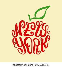 Red Apple New York Calligram. Hand Draw Lettering. Typography Words New York on Form Silhouette Apple. Art Print Design for t-shirt. Vector illustration. 