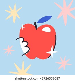 Una manzana roja sobre un fondo azul entre estrellas multicolores, una fruta mordida, el fruto del conocimiento