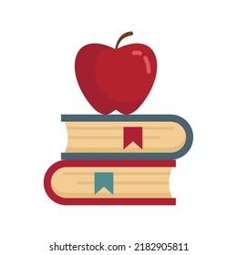 Red apple on book stack icon. Flat illustration of red apple on book stack vector icon isolated on white background