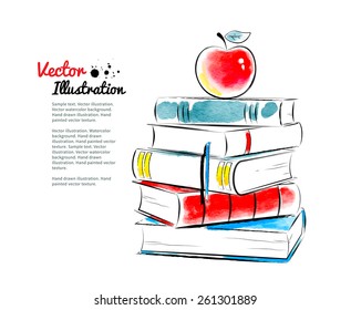 Red apple on books. Vector watercolor illustration. 