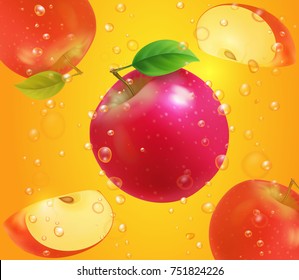 Red apple on juice background with bubbles. Fresh fruit illustration design for packaging