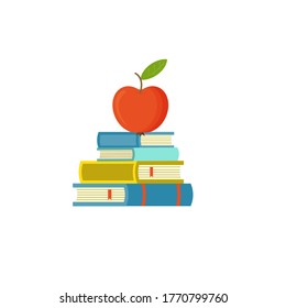 Red apple on pile of books, education concept, isolated on white background. Vector flat illustration.