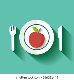 Red apple on a plate. Healthy food. Stock vector illustration.