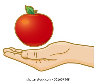 Red apple on top of open hand vector illustration