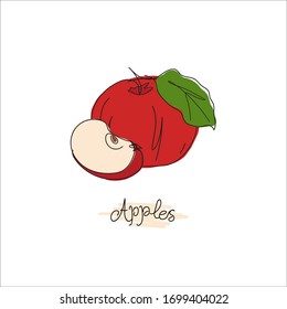 Red apple on a white background. Doodle. Isolated fruit composition. Hand-drawn. A minimalistic sketch of whole apples, a cut apple. Still life. Vector illustration. Lines. Fresh fruit group. Set.