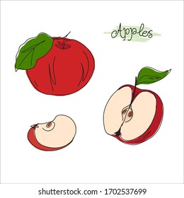 Red apple on a white background. Doodle. Isolated fruit composition. Hand-drawn. A minimalistic sketch of whole apples, a cut apple. Still life. Vector illustration. Lines. Fresh fruit group. Set.