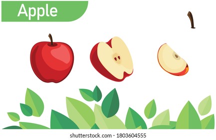Manzana roja sobre fondo blanco, rodajas de manzana aisladas, Conjunto de manzana fresca entera y cortada y rodajas aisladas, Fruto de manzana roja madura con elemento de diseño de medio paquete