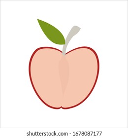 red apple on the white, flat apple with slice and leaf, tasty and healthy food