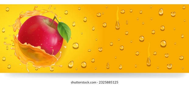 Red apple on yellow background with drops. Apple juice splash banner isolated on white background. Place for text. 3d vector