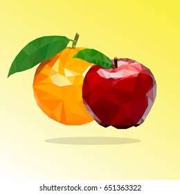 Red apple and orange in low-poly style on a yellow background. Suitable for logo, background, websites, advertising, etc.