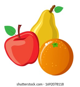 red Apple, orange and pear on a white background