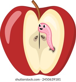 Roter Apfel mit rosa Wurm und halbem Apfel, Fruchtscheiben und Stücke im Cartoon-Stil. Gesundes vegetarisches Snack-Essen Obst, Vektorillustration weiß Hintergrund