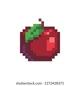 Red apple pixel art icon, fruit logo. Isolated vector illustration. Game assets 8-bit sprite. Design for stickers, web, mobile app.