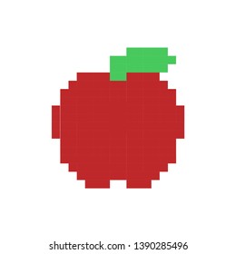 Red apple pixel art icon, fruit logo. Isolated vector illustration. Game assets 8-bit sprite. Design for stickers, web, mobile app.