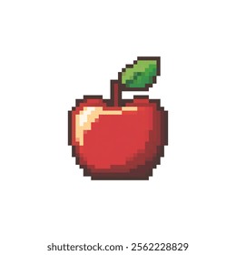 Red apple pixel art icon, fruit logo. Isolated vector illustration. Game assets 8-bit sprite. Design for stickers, web, mobile app etc. Minimalistic pixel graphic. Fruit symbol. Old style. 80s, 90s