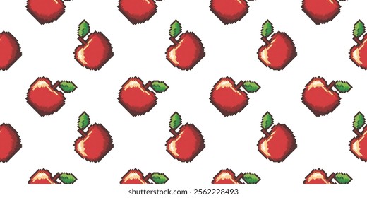 Red apple pixel art seamless patten on white background. Isolated vector illustration. Game assets 8-bit sprite. Minimalistic pixel graphic. Fruit symbol. Old style. 80s, 90s