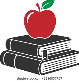 Red apple placed on stacked books isolated on white background representing education, school and learning.