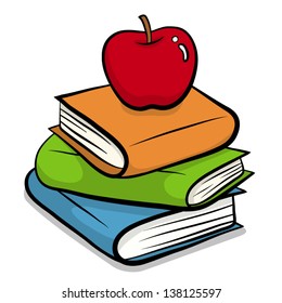 red apple put on pile of three books / vector cartoon, illustration, isolated on white background.