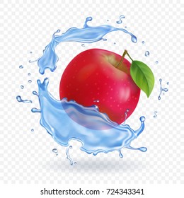 Red apple realistic fruit in water splash Vector illustration