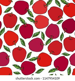 Red Apple Seamless Endless Pattern. Red Apple Fruit. Home Brew. Autumn or Fall Vegetable Harvest Collection. Realistic Hand Drawn High Quality Vector Illustration. Doodle Style.