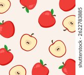 Red apple seamless pattern with background. Cute fruit illustration. Can be used for wallpaper, paper wrapping and fashion fabric