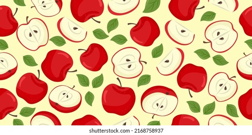 Red apple seamless pattern. Fruit flat repeat background. Vector illustration in cartoon flat style.