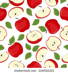 Red apple seamless pattern. Fruit flat repeat background. Vector illustration in cartoon flat style.