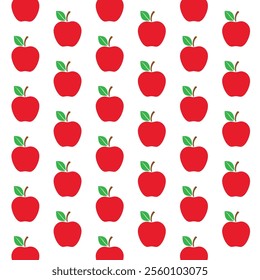 Red Apple seamless pattern with green leaf vector illustration. Cute apple fruit pattern symbol wallpaper. Fruity pattern isolated on a white background. Healthy lifestyle, farm and bio food concept.