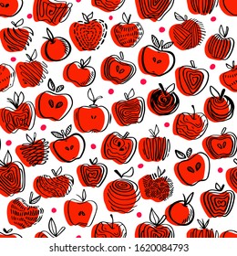 Red Apple seamless pattern. Hand drawn abstract apples fruit. Cute doodle background for kitchen and food design.