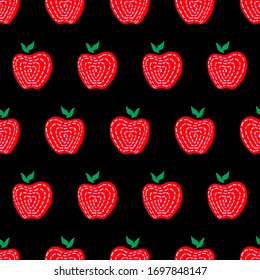 Red apple seamless pattern. Hand drawn abstract apples fruit. Cute doodle background for kitchen and food design.