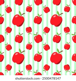 Red apple seamless pattern on green and white stripe background. For cards, frames, posters, book and fabric. 