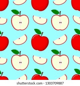 red Apple Seamless Pattern and slices. fruit summer on blue background. Elements for menu. poster, textile, greeting card design. Vector illustration.