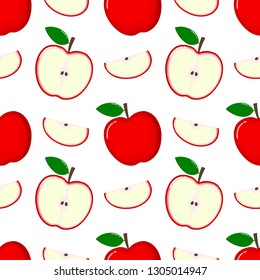 red Apple Seamless Pattern and slices. fruit summer on white background. Elements for menu. poster, textile, greeting card design. Vector illustration.