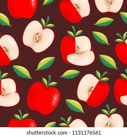 Red apple seamless pattern with vintage style botanical hand drawn illustration on a dark brown background. Can use for fabric, fashion, cafe, restaurant, & fruits market.