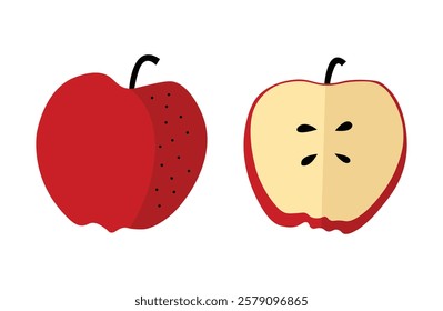 Red apple with seeds full and halved view. Flat doodle illustrations.