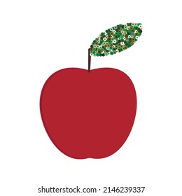 Red apple with sequin elements. Simple fruit icon with glitter leaves.