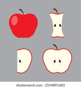 Red apple set. Gray background art. Fruit vector design. Healthy food concept.