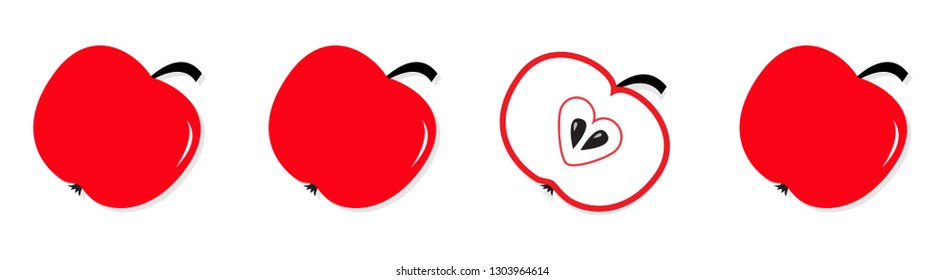 Red apple set in a row line. Whole and half with heart seed. Healthy lifestyle. Love fruit. Flat design. White background. Isolated. Vector illustration