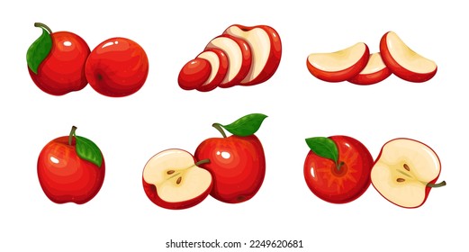 Red apple set vector illustration. Cartoon isolated whole delicious juicy fruit and cut into portion slices, half and quarter pieces and organic fruity apples