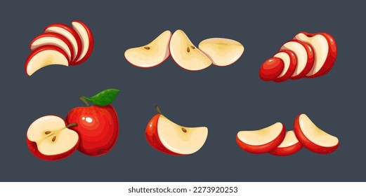 Red apple set vector illustration. Cartoon isolated whole delicious juicy fruit and cut into portion slices, half and quarter pieces. Organic fruity apples vector illustration