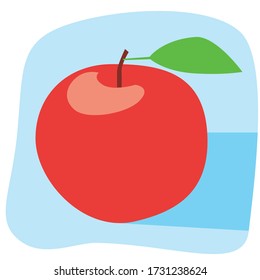 Red apple with shadow on a blue background as a concept of veganism or vegetarianism. Stock vector flat illustration with apple or red fruit as a single simple doodle icon or logo.
