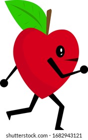 red apple in the shape of a heart with a green leaf cartoon character athlete runs on a white background concept of fruits and vitamins