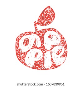 Red Apple silhouette. Fresh fruit Typography Vector Illustration, Handdrawn lettering. Hand drawn font on Healthy fruity harvest apple silhouette with decorative doodle elements.