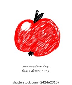 Red Apple. Simple Crayon Drawing-like Vector Illustration with Big Apple Sketched on a White Background. Hand Drawn Fruit Print Perfect for Wall Art, Card, Poster. Freehand Art. RGB Colors.