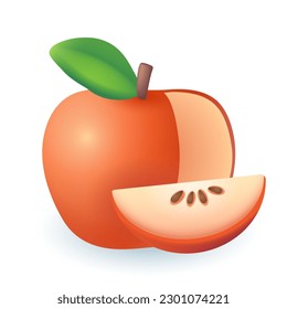 Red apple with slice 3D illustration. Cartoon drawing of tasty round fruit, natural food product with vitamins in 3D style on white background. Food, fruits, healthy eating concept