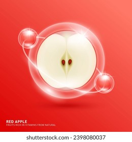 Red apple slice in bubble surrounded by collagen solution hyaluronic acid serum for cosmetic beauty nutrition. Fruits rich in vitamins from natural. Vitamin C essential to the health skin care. Vector