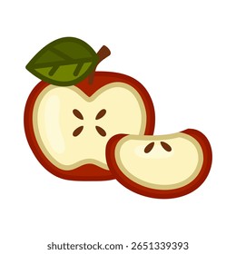 Red Apple Slice Food Illustration. Juicy red apple with one slice and visible seeds, symbolizing healthy eating and fresh fruit. Flat cartoon-style food illustration with warm and cozy vibe.