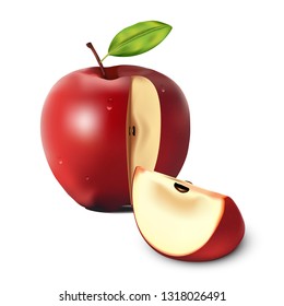 Red Apple, Apple Slice and Green Leaves with white isolated background, Vector Illustration