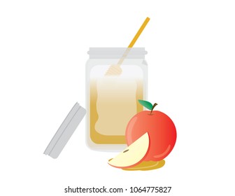 Red apple, apple slice and wooden dipper in honey jar on White background