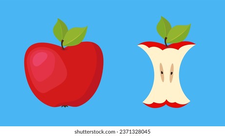 Red apple and sliced apple on blue background. Vector illustration.